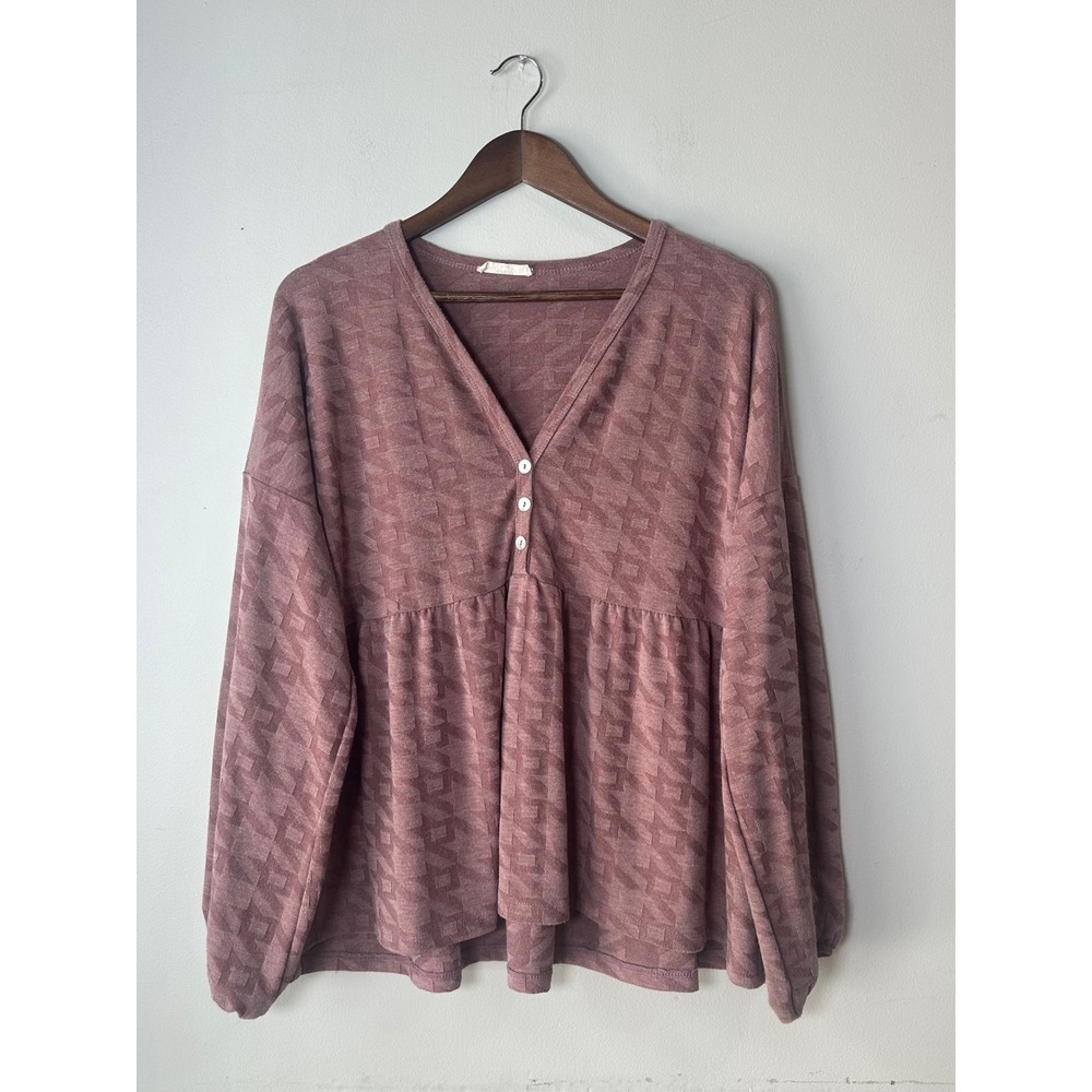 🎃Entro Mauve Textured Knit Babydoll Boho V-Neck Top Large